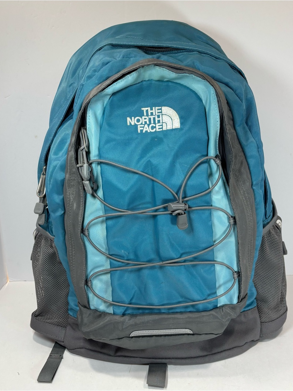 The North Face Blue Gray Jester Backpack Bungee Cord Hiking Outdoor Daypack Read